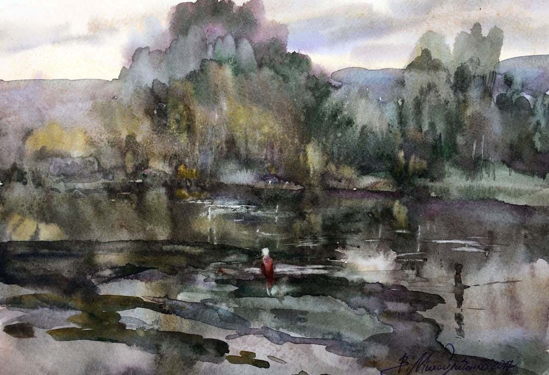 Watercolor painting Fishing Viktor Mikhailichenko: Title: Watercolor painting Fishing Viktor Mikhailichenko Description: No1381 *** ABOUT THIS PAINTING *** * TITLE: "Fishing" * ARTISTS: Viktor Mikhailichenko * SIZE: 20.5?29.5 cm/'8.07?11.61 inches' *