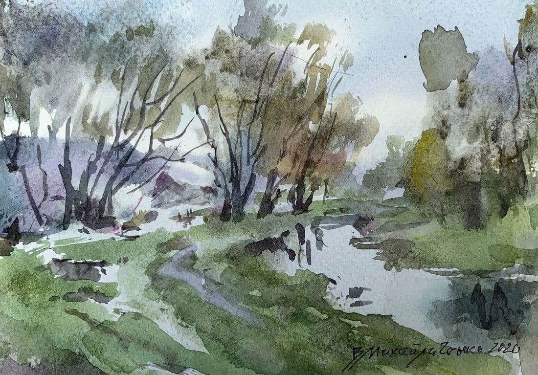 Watercolor painting River in the forest Viktor Mikhailichenko: Title: Watercolor painting River in the forest Viktor Mikhailichenko Description: No1385 *** ABOUT THIS PAINTING *** * TITLE: "River in the forest" * ARTISTS: Viktor Mikhailichenko * SIZE: 12?17 cm/'4