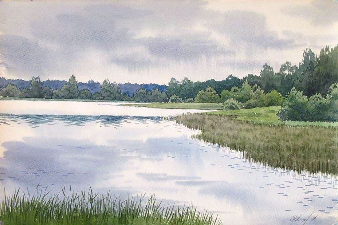 Watercolor painting Forest Lake Kalebets Valery: Title: Watercolor painting Forest Lake Kalebets Valery Description: NoSav 147 *** ABOUT THIS PAINTING *** * TITLE: "Forest Lake" * ARTISTS: Kalebets Valery * SIZE: 30x45 cm/'11.81x17.71 inches' * MEDI