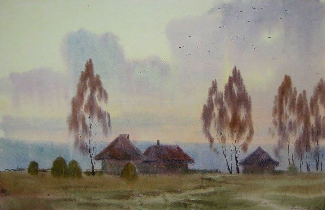 Watercolor painting Village outskirts Kalebets Valery: Title: Watercolor painting Village outskirts Kalebets Valery Description: NoSav 157 *** ABOUT THIS PAINTING *** * TITLE: "Village outskirts" * ARTISTS: Kalebets Valery * SIZE: 31x49 cm/'12.20x19.29 in