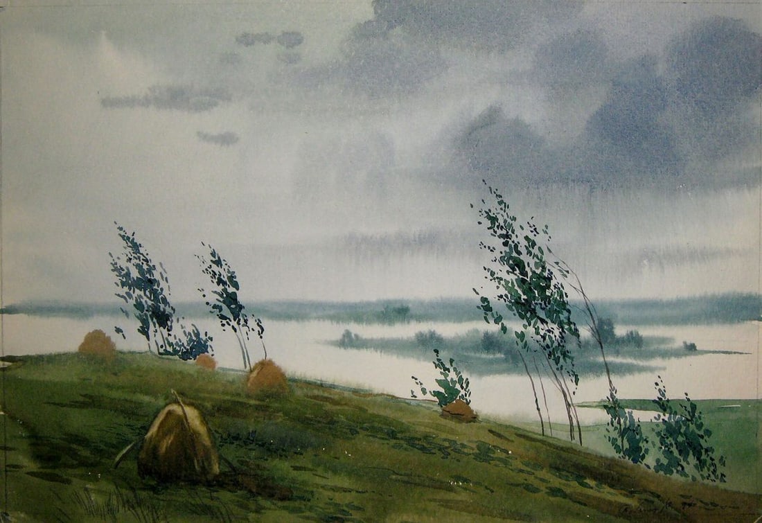 Watercolor painting Cold august Kalebets Valery: Title: Watercolor painting Cold august Kalebets Valery Description: NoSav 299 *** ABOUT THIS PAINTING *** * TITLE: "Cold august" * ARTISTS: Kalebets Valery * SIZE: 24x37 cm/'9.44x14.56 inches' * MEDIU