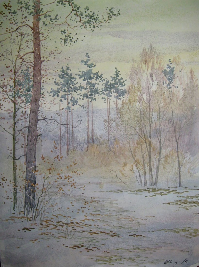 Watercolor painting In the winter forest Kalebets Valery: Title: Watercolor painting In the winter forest Kalebets Valery Description: NoSav 312 *** ABOUT THIS PAINTING *** * TITLE: "In the winter forest" * ARTISTS: Kalebets Valery * SIZE: 40x30 cm/'15.74x11