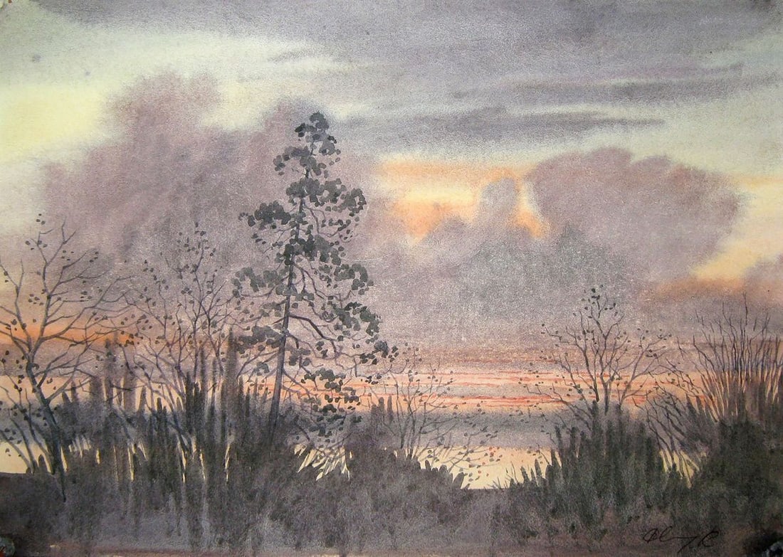 Watercolor painting Evening forest landscape Kalebets Valery: Title: Watercolor painting Evening forest landscape Kalebets Valery Description: NoSav 313 *** ABOUT THIS PAINTING *** * TITLE: "Evening forest landscape" * ARTISTS: Kalebets Valery * SIZE: 21x30 cm/'