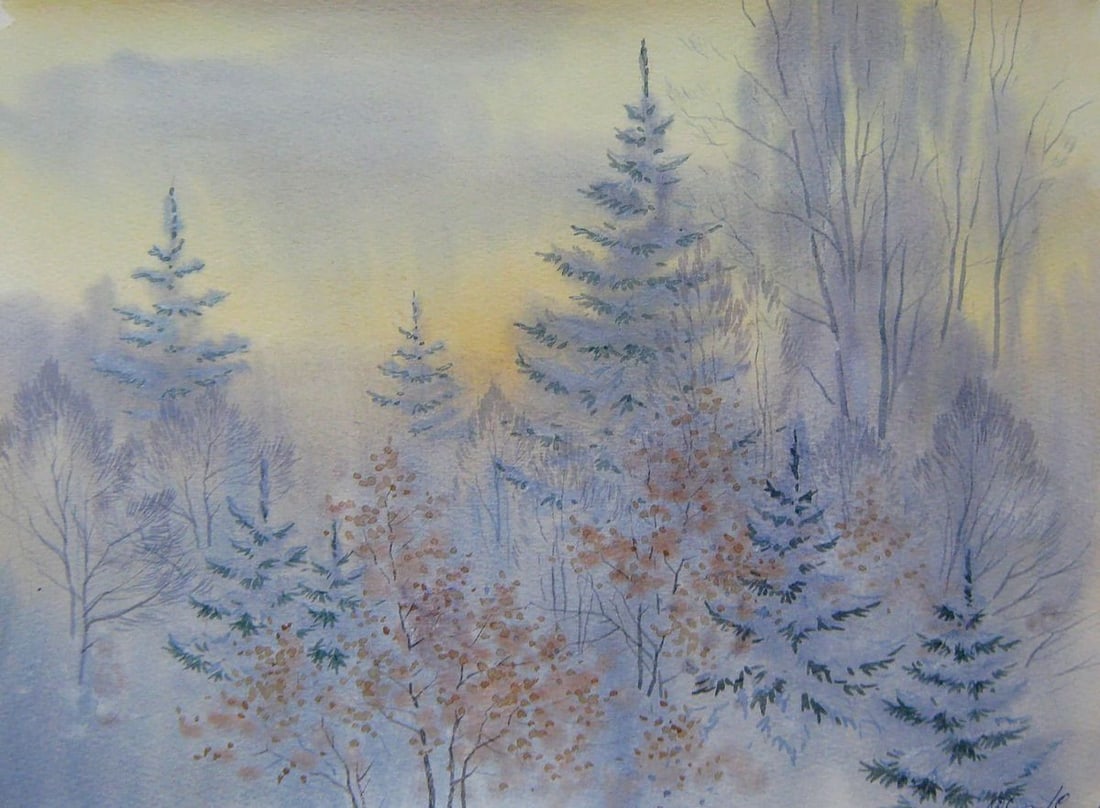 Watercolor painting Frosty morning Kalebets Valery: Title: Watercolor painting Frosty morning Kalebets Valery Description: NoSav 318 *** ABOUT THIS PAINTING *** * TITLE: "Frosty morning" * ARTISTS: Kalebets Valery * SIZE: 30x40 cm/'11.81x15.74 inches'