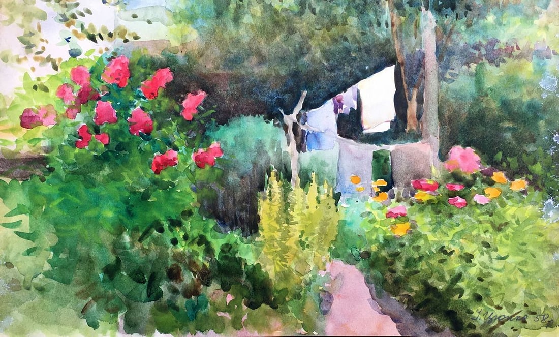 Watercolor painting In the garden Tsyupka Ivan Kirillovich: Title: Watercolor painting In the garden Tsyupka Ivan Kirillovich Description: No1013 *** ABOUT THIS PAINTING *** * TITLE: "In the garden" * ARTISTS: Tsyupka Ivan Kirillovich * SIZE: 22x36 cm/'8.66x14