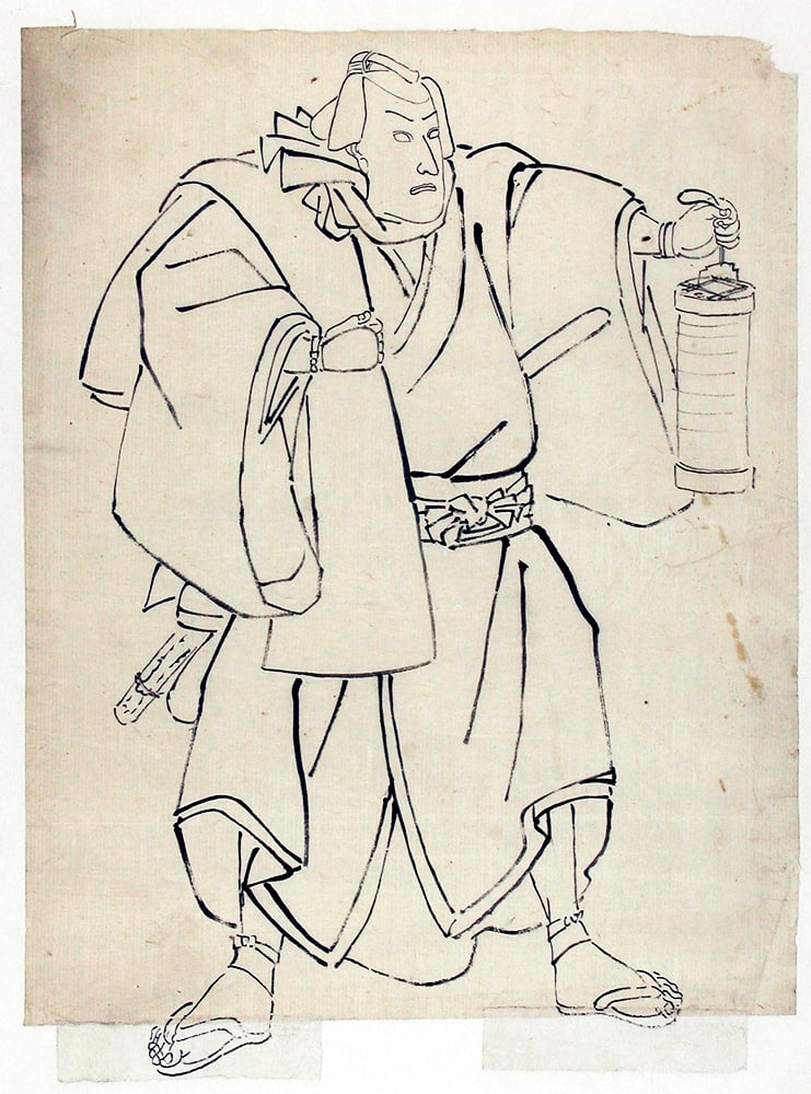 UTAGAWA school (attr. to): Kabuki actor in the role of a samurai holding a lantern: Artist: UTAGAWA school (attr. to)Title:Kabuki actor in the role of a samurai holding a lanternDate:later 19th c.Medium:Black ink ('sumi') on paper.Size/Format:c. 11.5" x 8.5"Description:Preparatory