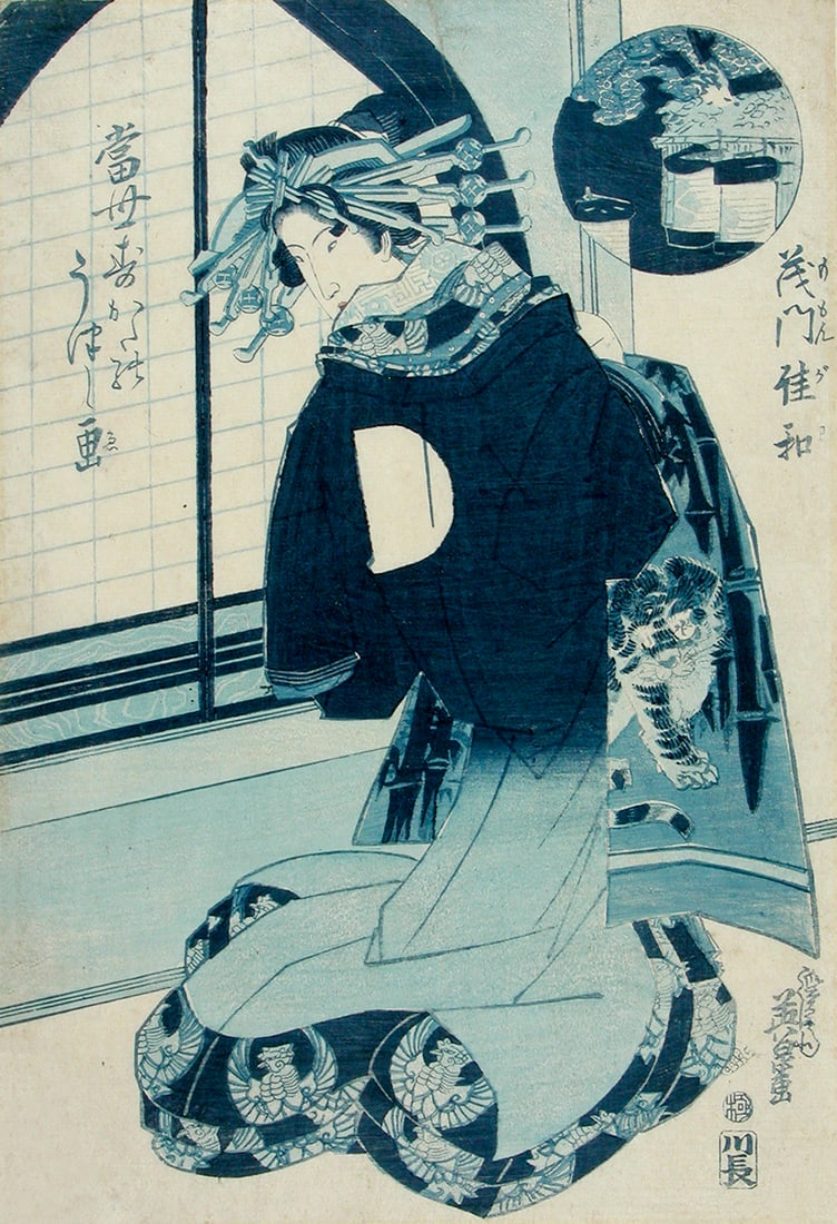 Ikeda EISEN (1790-1848): Courtesan wearing a kimono with tiger design (a blue print: 'aizuri-e'): Artist: Ikeda EISEN (1790-1848)Title:Courtesan wearing a kimono with tiger design (a blue print: 'aizuri-e')Series:Pictures of Modern Figures: The Spirit of a Courtesan's HeartPublisher:Kawaguchi-ya