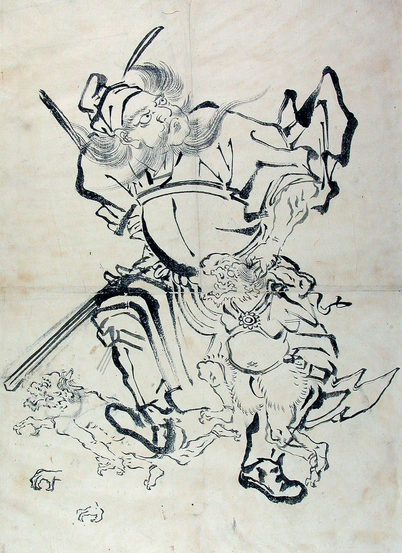 HOKUSAI school: Shôki the Demon Queller Fighting Off Demons: Artist: HOKUSAI schoolTitle:Shôki the Demon Queller Fighting Off DemonsSeries:Large preparatory drawing.Date:c. mid-19th centuryMedium:Preparatory drawing ('shita-e') in black ink ('sumi') on