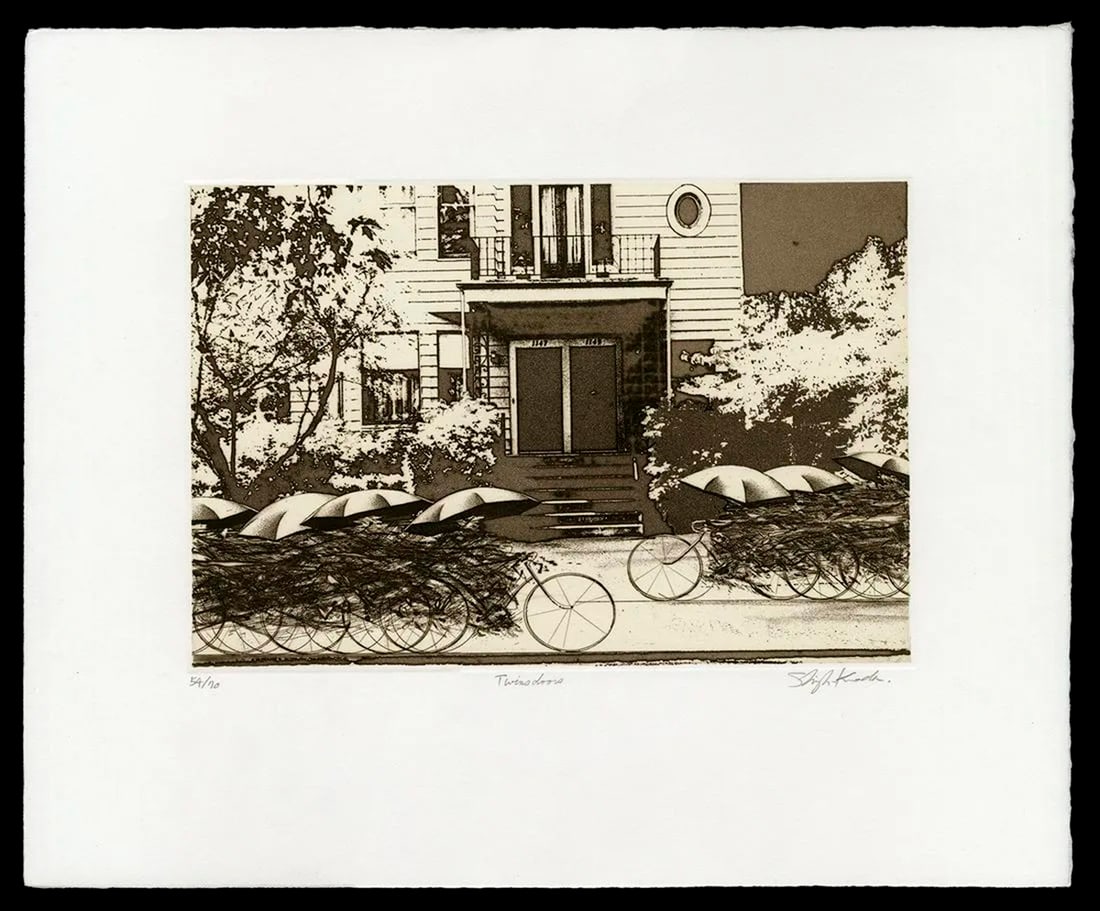 KURODA, Shigeki (b. 1953): Twin Doors: Artist: KURODA, Shigeki (b. 1953)Title:Twin DoorsPublisher:(self-published)Date:undated (as always)Medium:Etching; limited editon, no: 54/70.Size/Format:7 5/8" x 11 1/2"Description:Pencil