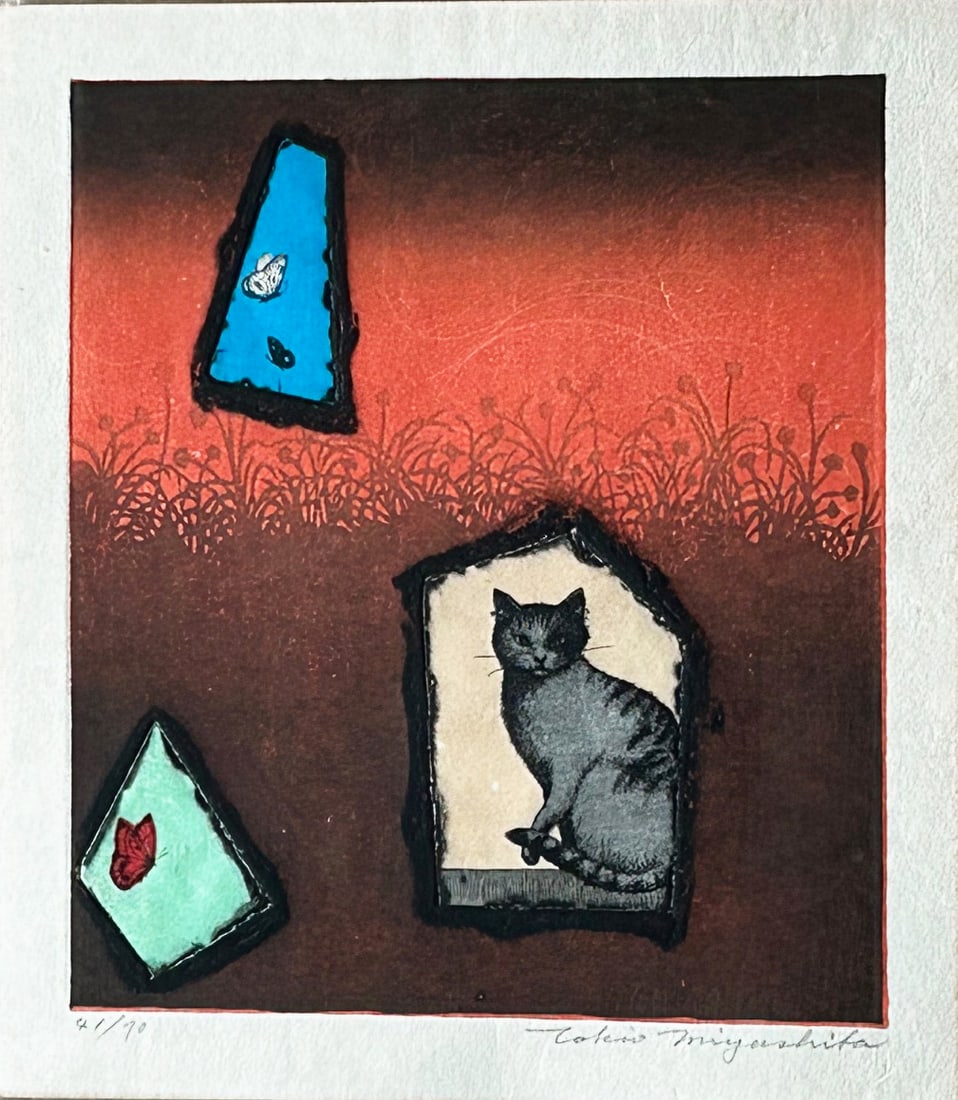 Tokio Miyashita (1930 - 2011): Abstract With Cat and Butterflys: ARTIST/TITLE: Tokio Miyashita (1930 - 2011): Abstract With Cat and ButterflysDate: Medium:Mixed MediaEdition:Limited Edition #41/70Size:The print image measures 7 7/8 X 9 1/8 inches plus