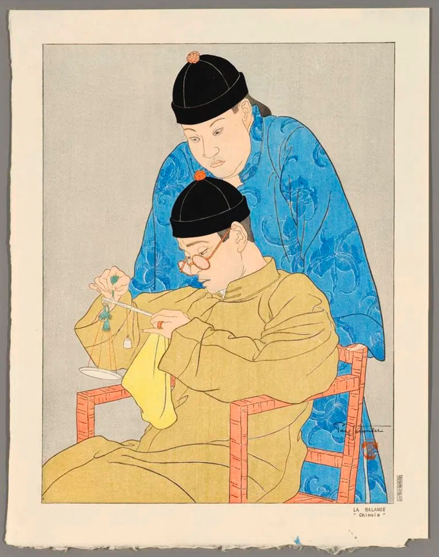 JACOULET, Paul (1902-1960): La Balance "Chinois": Artist: JACOULET, Paul (1902-1960)Title:La Balance "Chinois"Series:The Scale, "Chinese"Publisher:self publishedDate:5th February 1939Medium:Woodblock print, Kanji edition no. 64/150Size/Format:Large