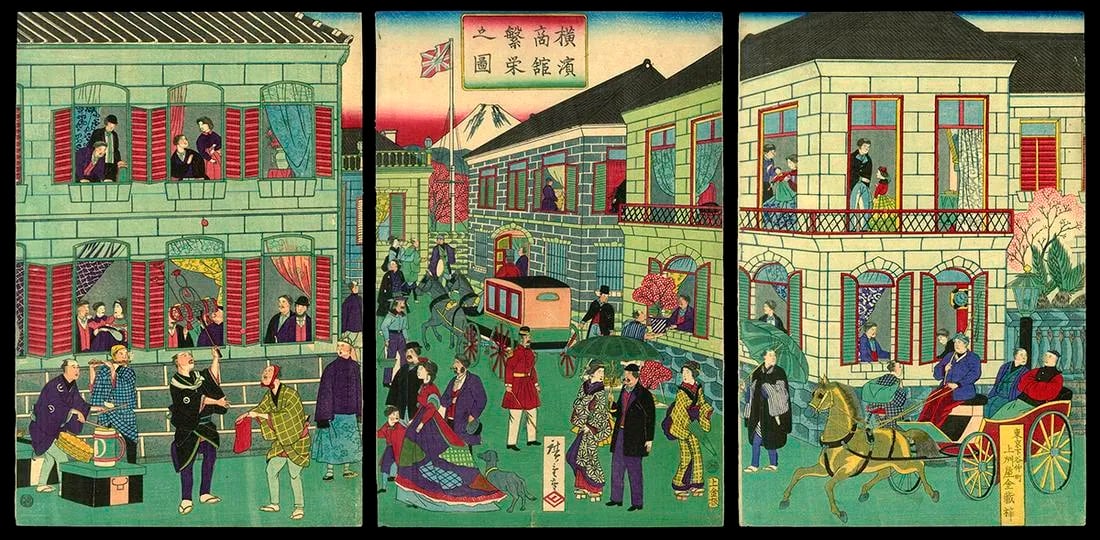 Utagawa HIROSHIGE III (fl. 1843-94): Yokohama Trading Post: Artist: Utagawa HIROSHIGE III (fl. 1843-94) Title:Yokohama Trading Post Date:1874 Medium:Woodblock print Size/Format:oban triptych (c. 13 7/8" x 28", all three sheets) Description:A busy Yokohama stre