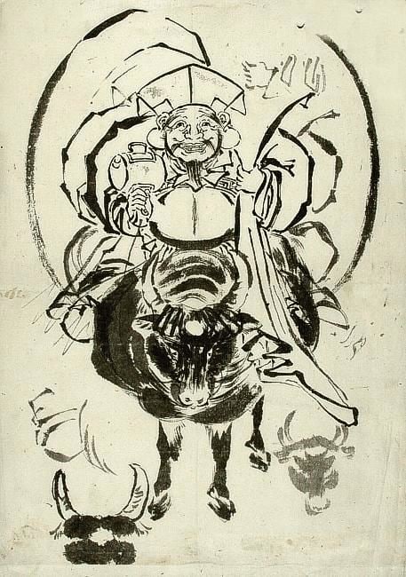HOKUSAI school (attr. to): The God of Good Fortune, Daikoku, riding on an ox: Artist: HOKUSAI school (attr. to) Title:The God of Good Fortune, Daikoku, riding on an ox Date:19th century Medium:Black ink on paper. - A fine (preparatory) drawing. Size/Format:c. 15 x 10.5 inches D