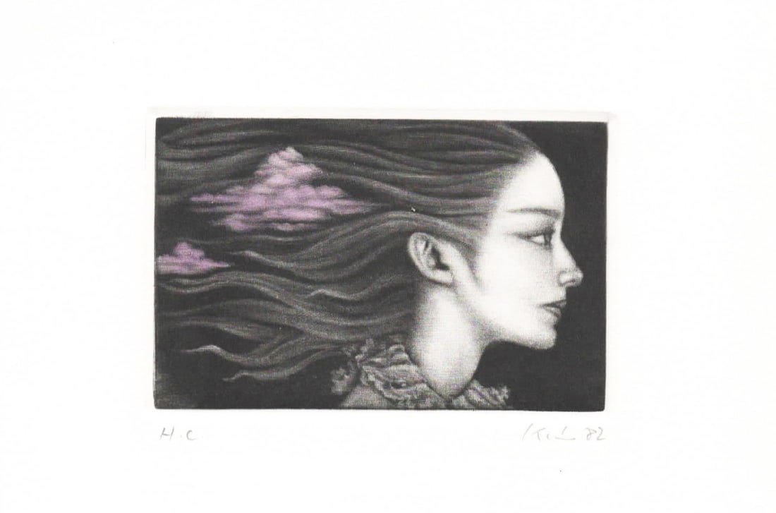 Miyoko Kai (B. - 1951):Wind: ARTIST/TITLE:Miyoko Kai (B. - 1951):WindMedium:MezzotintEdition: H.C. (Hors d' Commerce - Not for sale)Condition:The print is in excellent, never framed condition. It is signed and sealed by the