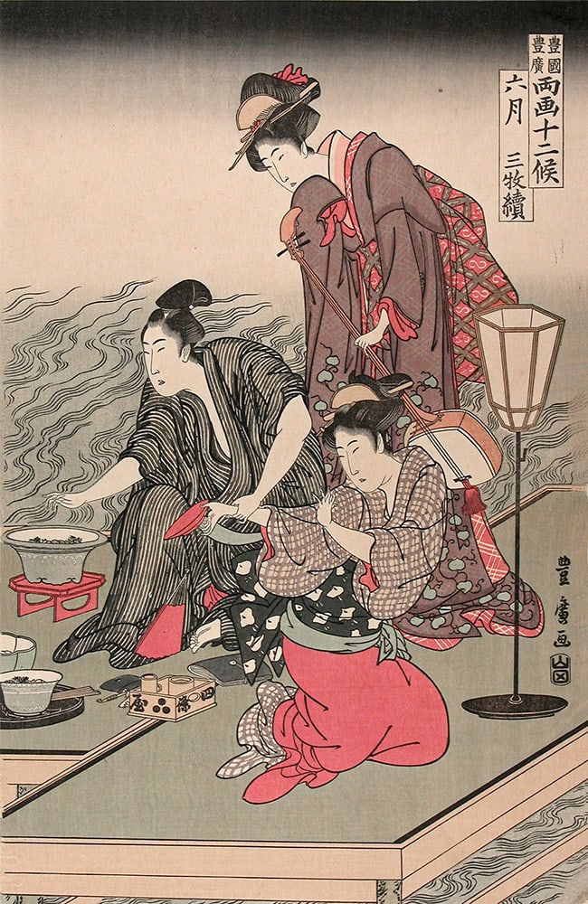 TOYOKUNI, Utagawa (1769-1825): Partying by the river at night: Artist: TOYOKUNI, Utagawa (1769-1825)Title:Partying by the river at nightSeries:Twelve … (?)Date:c.1800 (the original edition; this impression made from recut blocks in the 20th