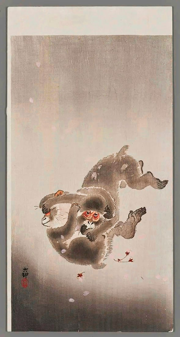Ohara KOSON (1877-1945): Playing monkeys: Artist: Ohara KOSON (1877-1945)Title:Playing monkeysPublisher:Daikokuya (Matsuki Heikichi)Date:c. 1910Medium:woodblock printSize/Format:ô-tanzaku (c. 13 5/8" x 7 1/2")Condition:Fine impression,