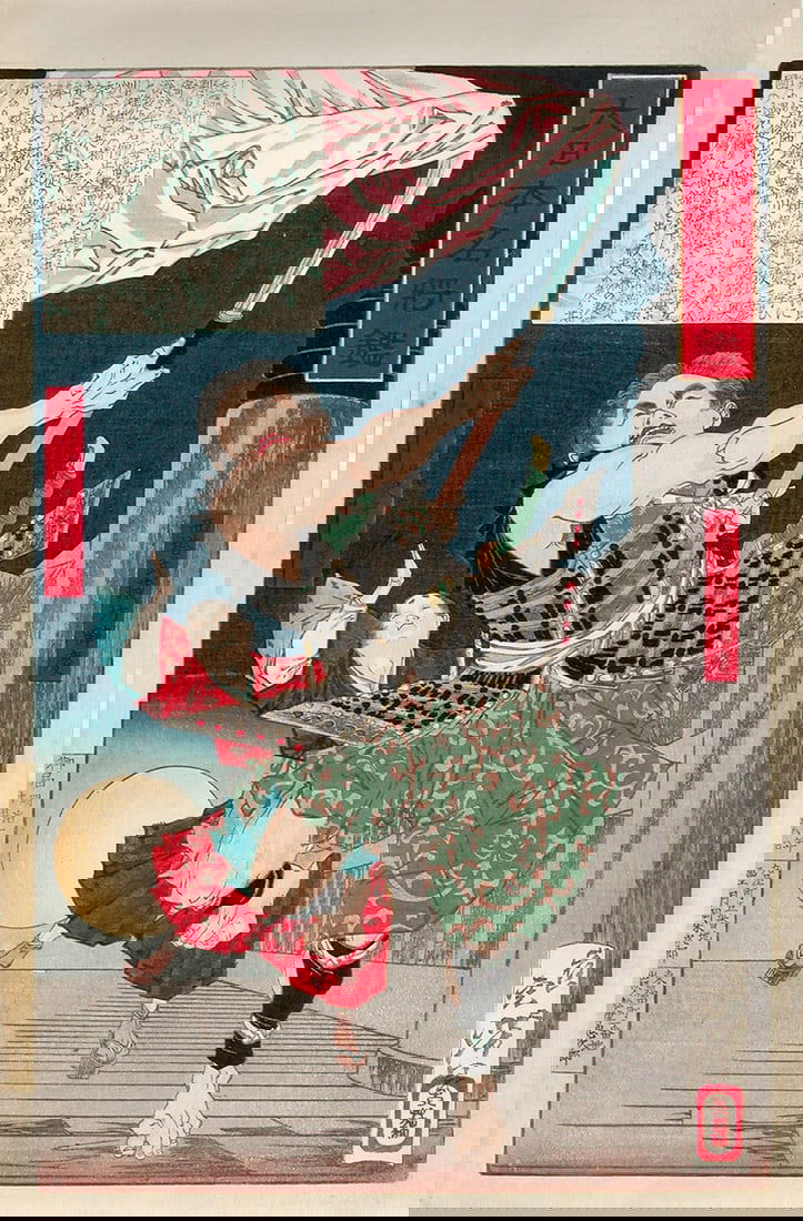 Tsukioka YOSHITOSHI (1839-92): Benkei and Yoshitsune on Gojô Bridge: Artist: Tsukioka YOSHITOSHI (1839-92) Title:Benkei and Yoshitsune on Gojô Bridge Series:Mirror of Famous Commanders of Great Japan Publisher:Funazu Chujiro Date:1878 Medium:Woodblock print Size/Forma