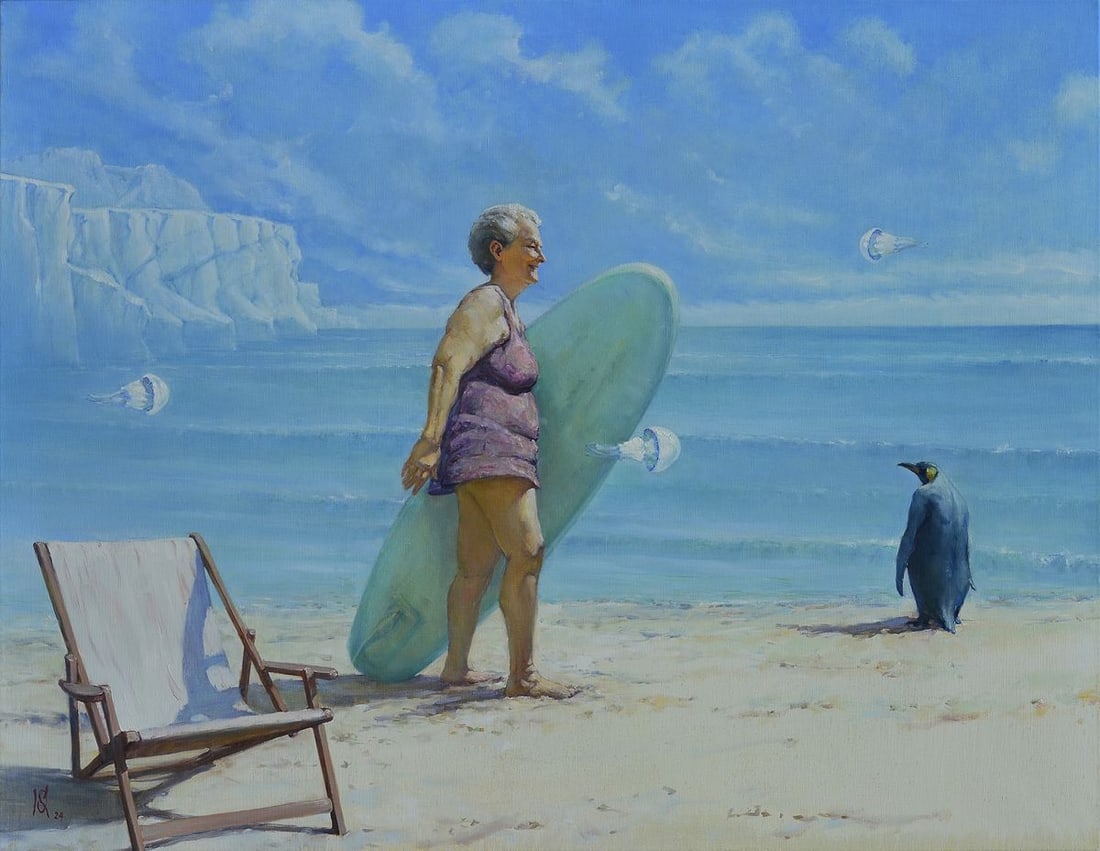 Oil painting Cold seashore Oleg Kateryniuk: Title: Oil painting Cold seashore Oleg Kateryniuk Description: No.Kat 61 The Oil painting Canvas titled "Cold seashore" is a whimsical yet contemplative work that intertwines humor, irony, and subtle