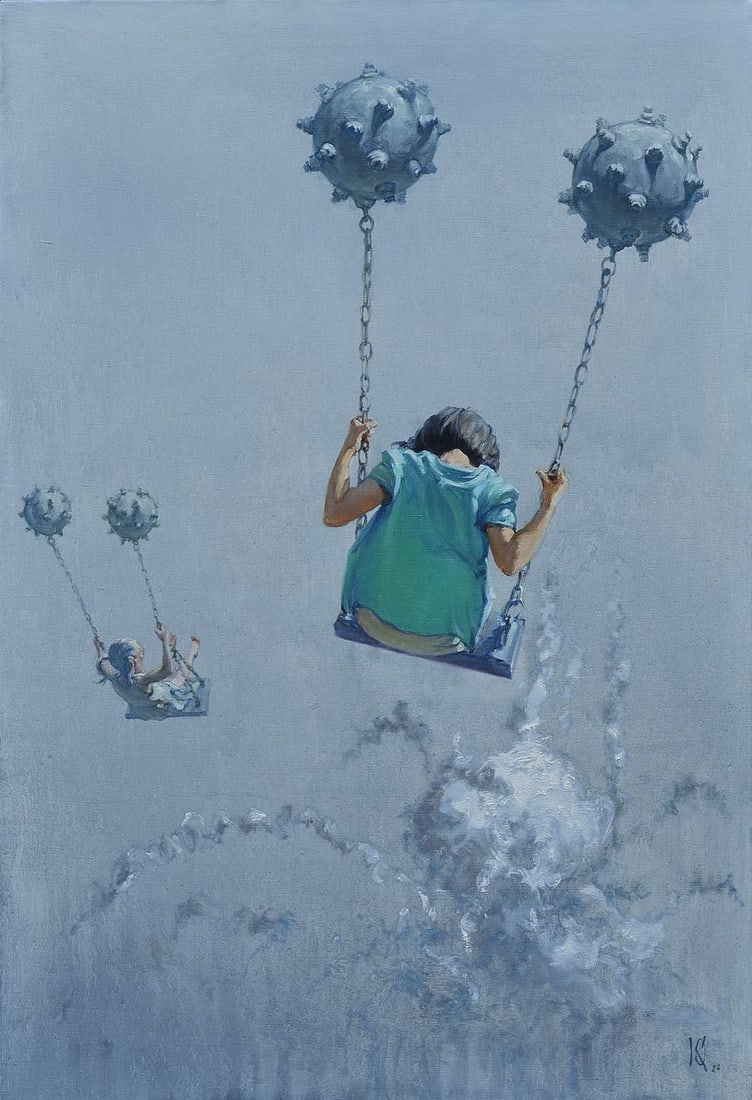 Oil painting Aerial skating Oleg Kateryniuk: Title: Oil painting Aerial skating Oleg Kateryniuk Description: No.Kat 62 The Oil painting Canvas titled "Aerial skating" is a strikingly symbolic and surreal work that transforms a simple childhood a