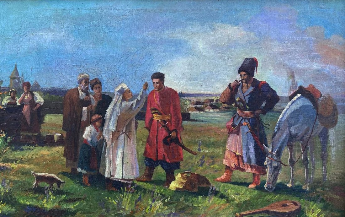 Oil painting Sending off to war Unknown artist: Title: Oil painting Sending off to war Unknown artist Description: No.NOT 45 *** ABOUT THIS PAINTING *** * TITLE: "Sending off to war" * ARTISTS: Unknown artist * SIZE: 56x90 cm/22.04x35.43 inches' *