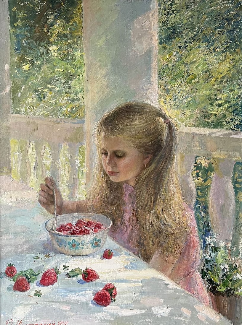 Oil painting Strawberries V. Mishurovsky: Title: Oil painting Strawberries V. Mishurovsky Description: No.130 "Strawberries" by Viktor Myshurovsky is an intimate and serene depiction of a young girl enjoying a bowl of strawberries. The