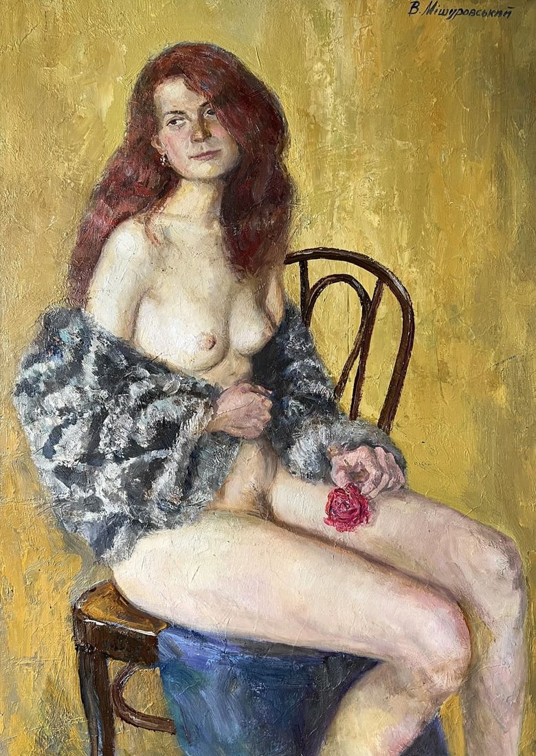 Oil painting Fur coat V. Mishurovsky: Title: Oil painting Fur coat V. Mishurovsky Description: No.151 "Fur Coat" by Viktor Myshurovsky is a striking and intimate portrayal of a young woman, capturing both her physical beauty and a sense o