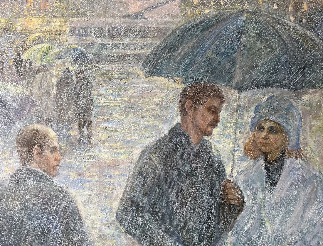 Oil painting During the rain V. Mishurovsky: Title: Oil painting During the rain V. Mishurovsky Description: No.153 "During the Rain" by Viktor Myshurovsky is a poignant depiction of a rainy day, capturing the mood and atmosphere of the moment.