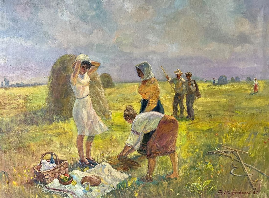 Oil painting At lunch time V. Mishurovsky: Title: Oil painting At lunch time V. Mishurovsky Description: No.159 "At Lunch Time" by Viktor Myshurovsky captures a serene and nostalgic moment of rural life, highlighting the simple pleasures and h