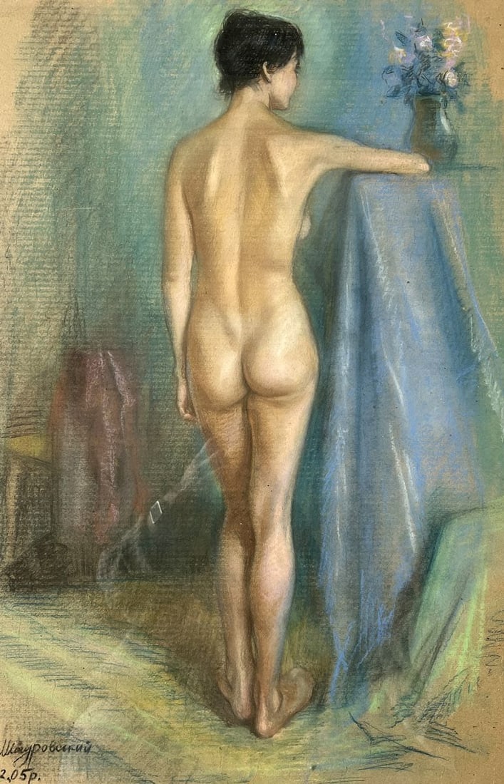 Pastel painting figure girl with flowers V. Mishurovsky: Title: Pastel painting figure girl with flowers V. Mishurovsky Description: No.164 "figure Girl with Flowers" by Viktor Myshurovsky is a delicate and intimate portrayal of a young woman standing nude,