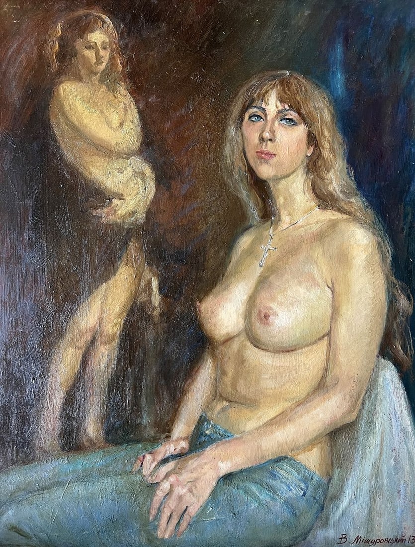 Oil painting Present and past V. Mishurovsky: Title: Oil painting Present and past V. Mishurovsky Description: No.169 "Present and Past" by Viktor Myshurovsky is a compelling exploration of time, memory, and identity. The painting features a cent