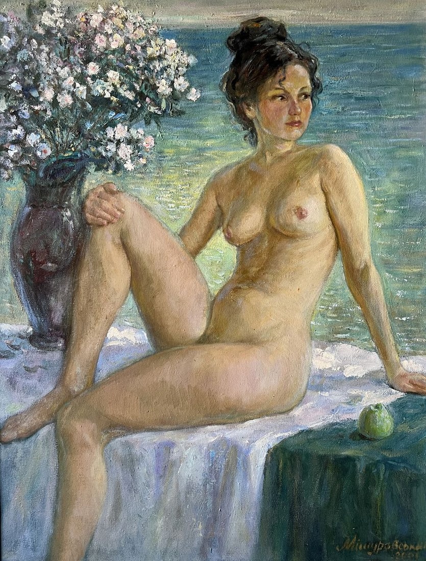 Oil painting She is youth itself V. Mishurovsky: Title: Oil painting She is youth itself V. Mishurovsky Description: No.177 "She is Youth Itself" by Viktor Myshurovsky is a captivating depiction of youthful beauty and vitality. The painting features