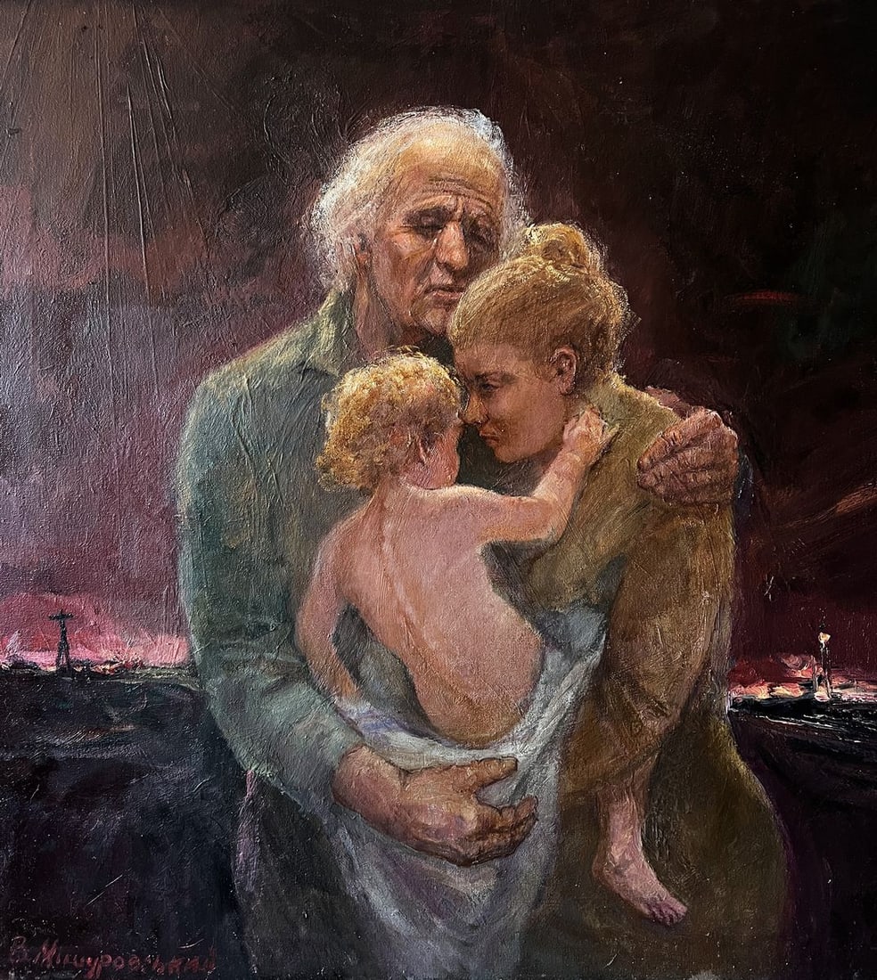 Oil painting Evacuation and farewell V. Mishurovsky: Title: Oil painting Evacuation and farewell V. Mishurovsky Description: No.183 "Evacuation and Farewell" by Viktor Myshurovsky is a deeply moving depiction of the emotional intensity experienced durin