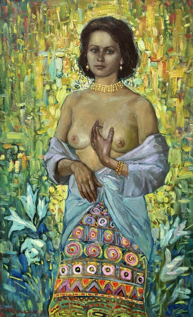 Oil painting Evening in nature V. Mishurovsky: Title: Oil painting Evening in nature V. Mishurovsky Description: No.259 "Evening in Nature" by Viktor Myshurovsky is a captivating portrait that blends the classical beauty of the human form with the