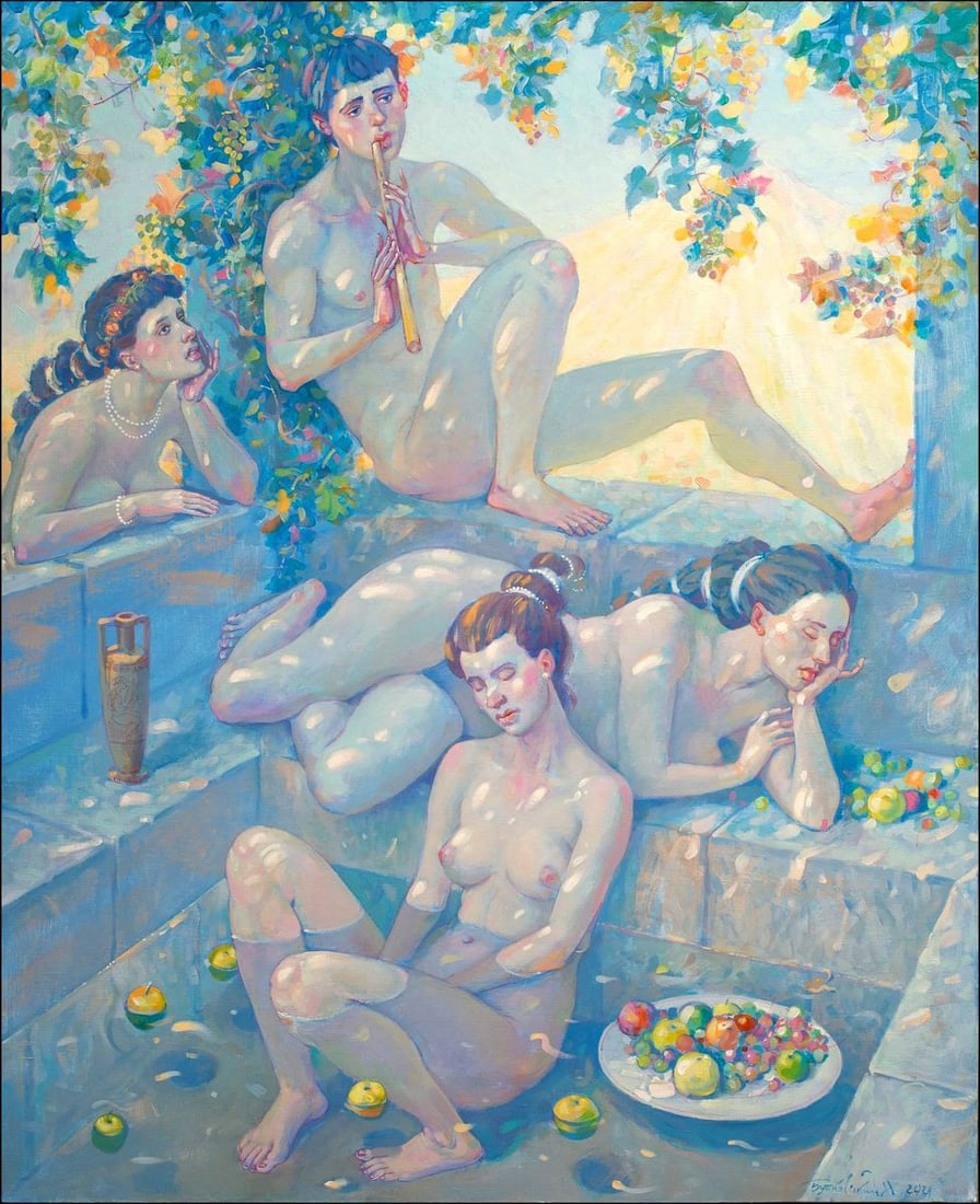 Acrylic painting Noon with the flute Nicolay Vydcovsky: Title: Acrylic painting Noon with the flute Nicolay Vydcovsky Description: No.Bytk 45 *** ABOUT THIS PAINTING *** * TITLE: "Noon with the flute" * ARTISTS: Nicolay Vydcovsky * SIZE: 110x90