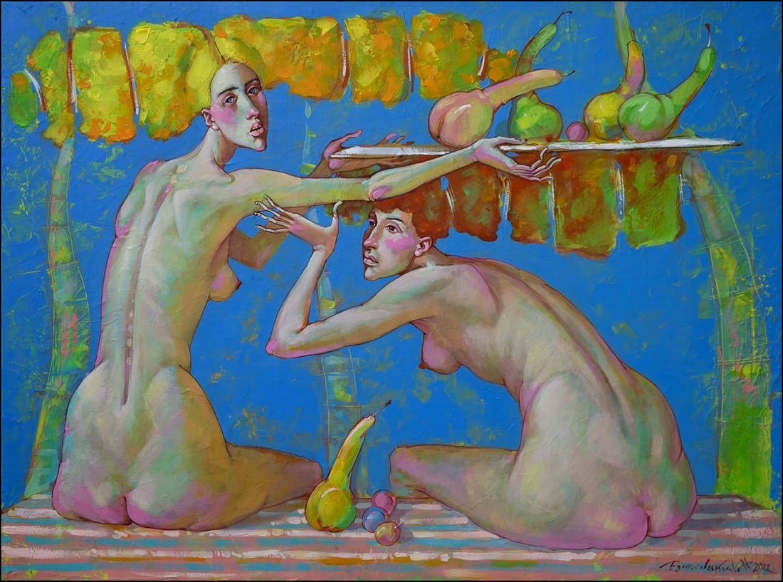 Acrylic painting Girls with a pear Nicolay Vydcovsky: Title: Acrylic painting Girls with a pear Nicolay Vydcovsky Description: No.Bytk 53 *** ABOUT THIS PAINTING *** * TITLE: "Girls with a pear" * ARTISTS: Nicolay Vydcovsky * SIZE: 60x80