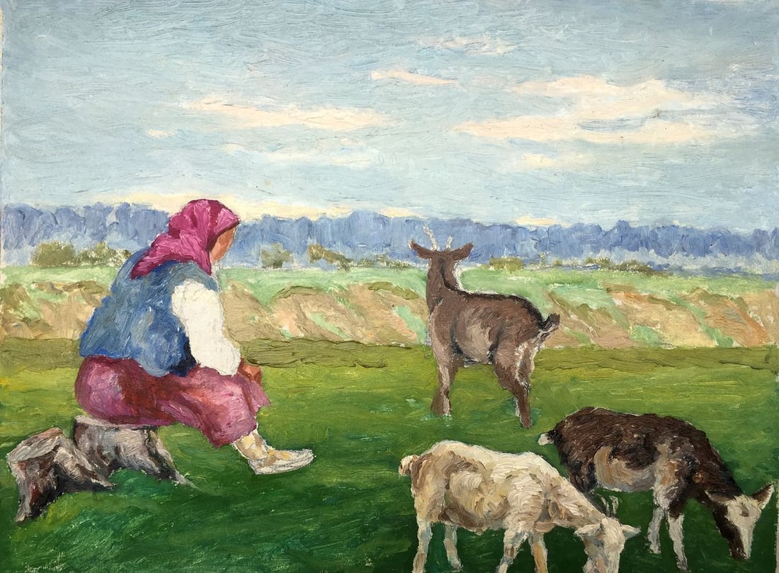 Oil painting Grandmother and goats Cherkas A.G.: Title: Oil painting Grandmother and goats Cherkas A.G. Description: No.471 * TITLE: "Grandmother and goats" * ARTISTS: Cherkas A.G. * SIZE: 52x68cm/'20,47x26,77 inches' * MEDIUM: oil, cardboard * HAND