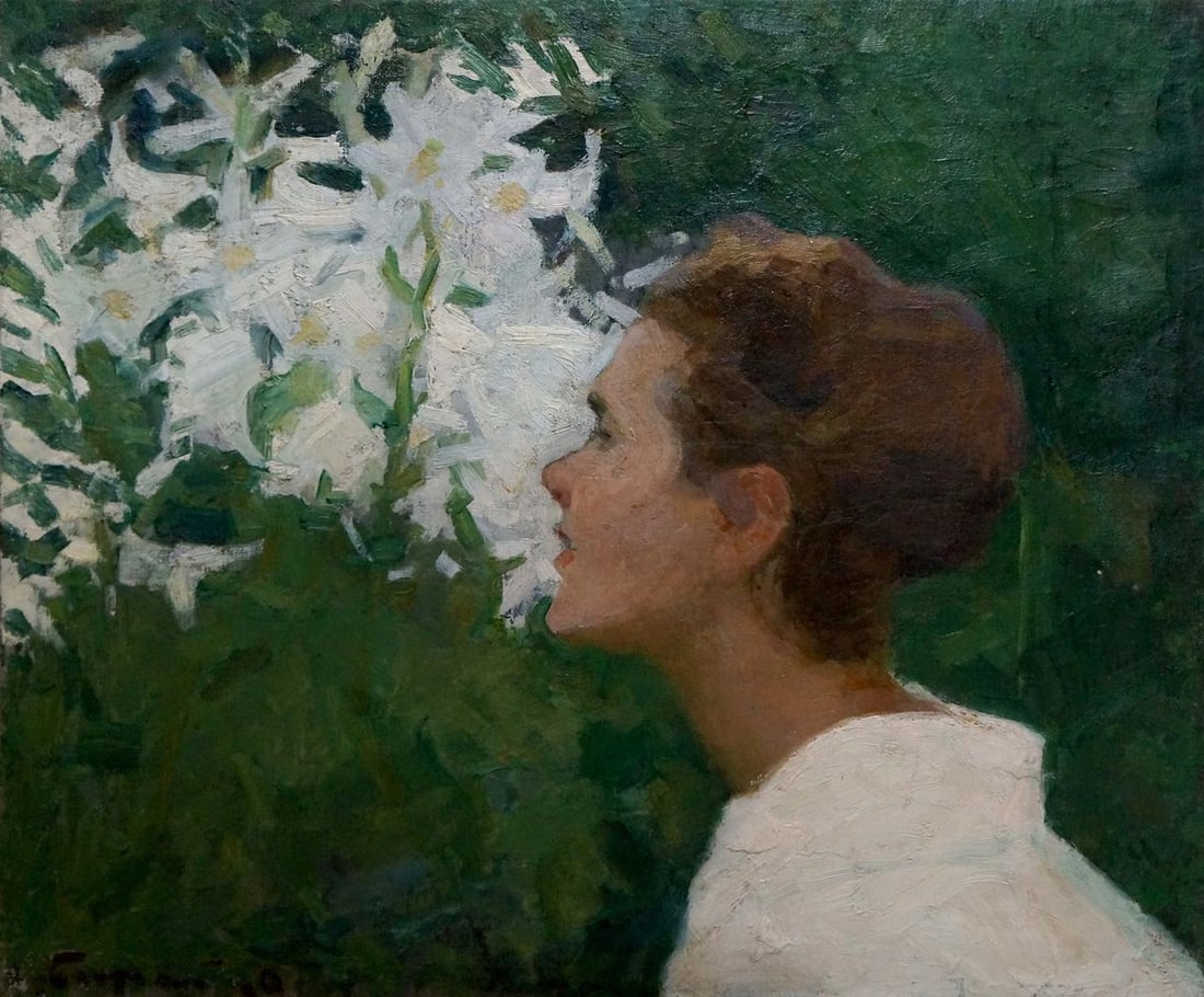 Oil painting In the garden Bozhiy Svyatoslav Mikhailovich: Title: Oil painting In the garden Bozhiy Svyatoslav Mikhailovich Description: No.Vern 1638 *** ABOUT THIS PAINTING *** * TITLE: "In the garden" * ARTISTS: Bozhiy Svyatoslav Mikhailovich * SIZE: 59x71