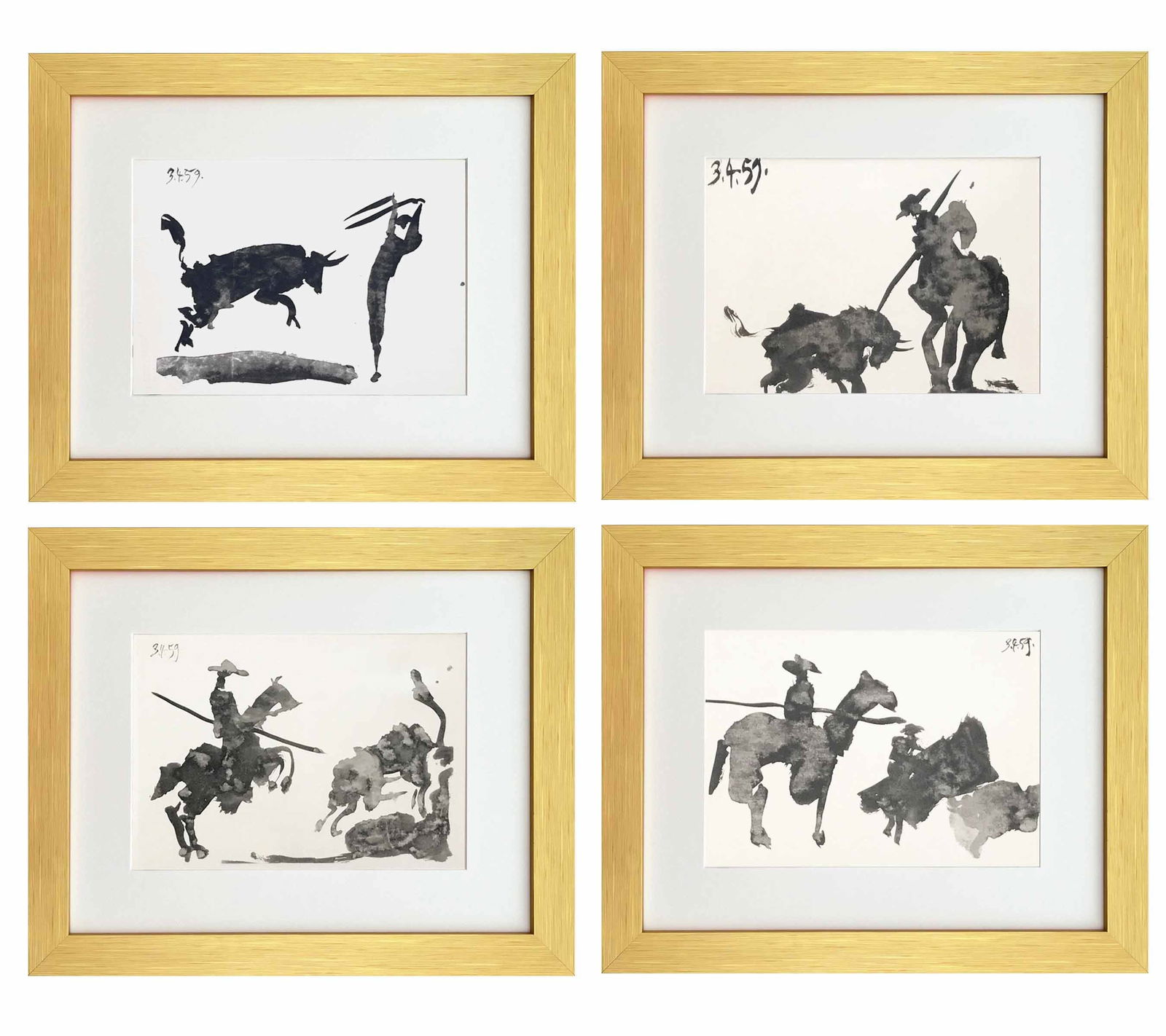 Pablo Picasso Set of four Framed Toros y Toreros: Title: Pablo Picasso Set of four Framed Toros y Toreros Description: Country: Spain Title: Set of Four Toros y Torero Medium: Bichromie Marks: Not signed, not numbered Paper size: Vellum 14.75 x 10.50