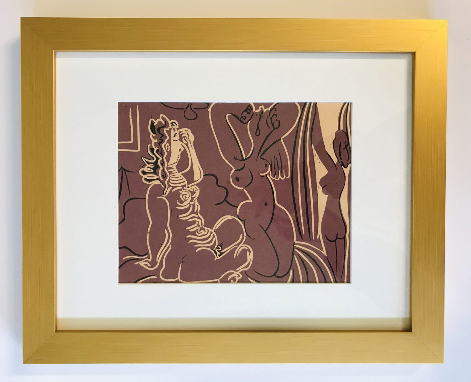 Picasso Linocut Three Women xxe Siecle 1978 Framed: Title: Picasso Linocut Three Women xxe Siecle 1978 Framed Description: Country: Spain Title: Three Women Medium: Linocut in 3 colors Paper Size: Vellum 12.25 x 9.50 inch Provenance: Homage to Picasso