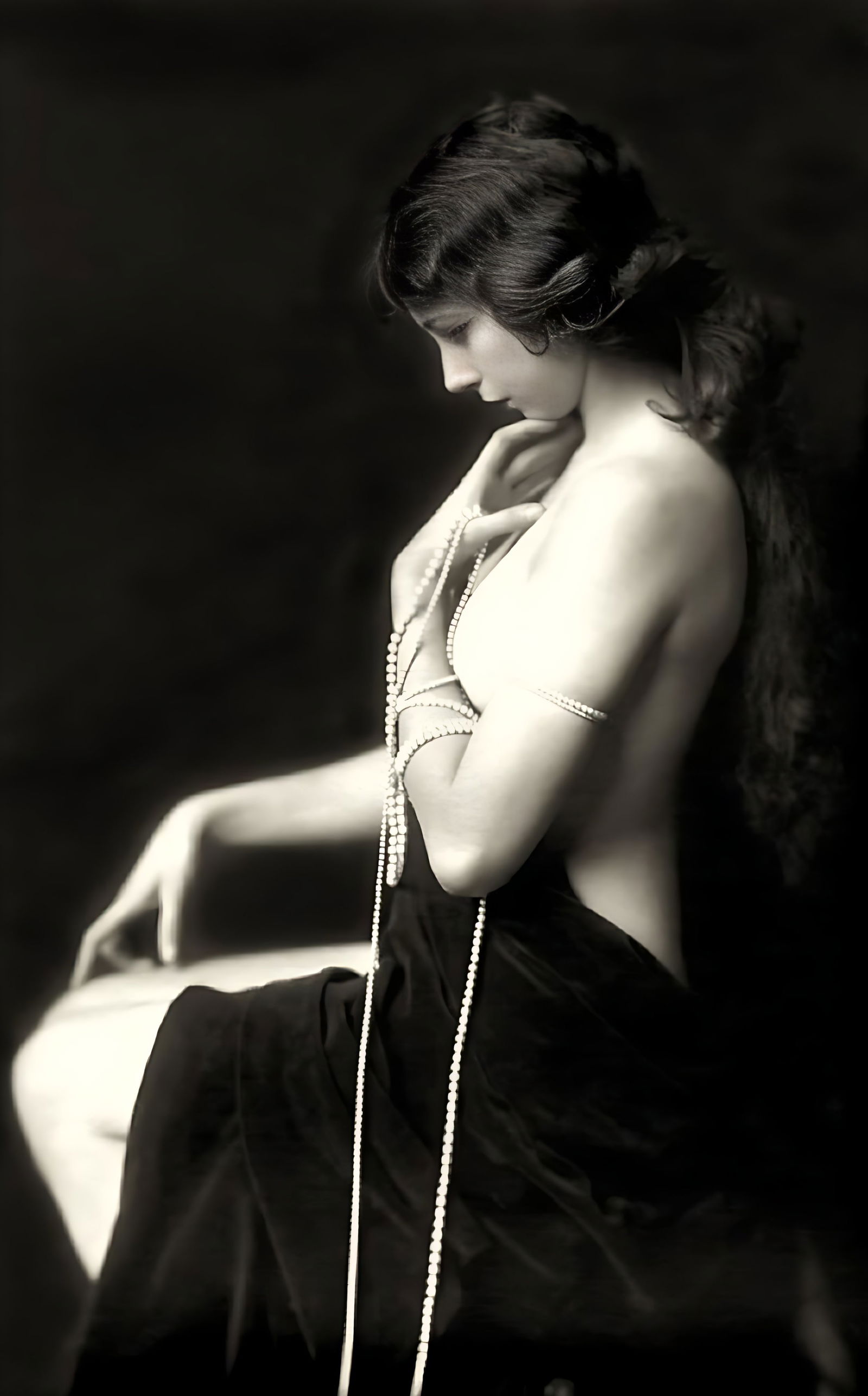 FEMALE FIGURE WITH PEARLS_BY ALFRED CHENEY JOHNSTON: Title: FEMALE FIGURE WITH PEARLS_BY ALFRED CHENEY JOHNSTON Artist/Source: ALFRED CHENEY JOHNSTON UNKNOWN Dimensions: 8 X 10" Description: || UNITED STATES SHIPPING ONLY! || This lot is a Dye Based Pho