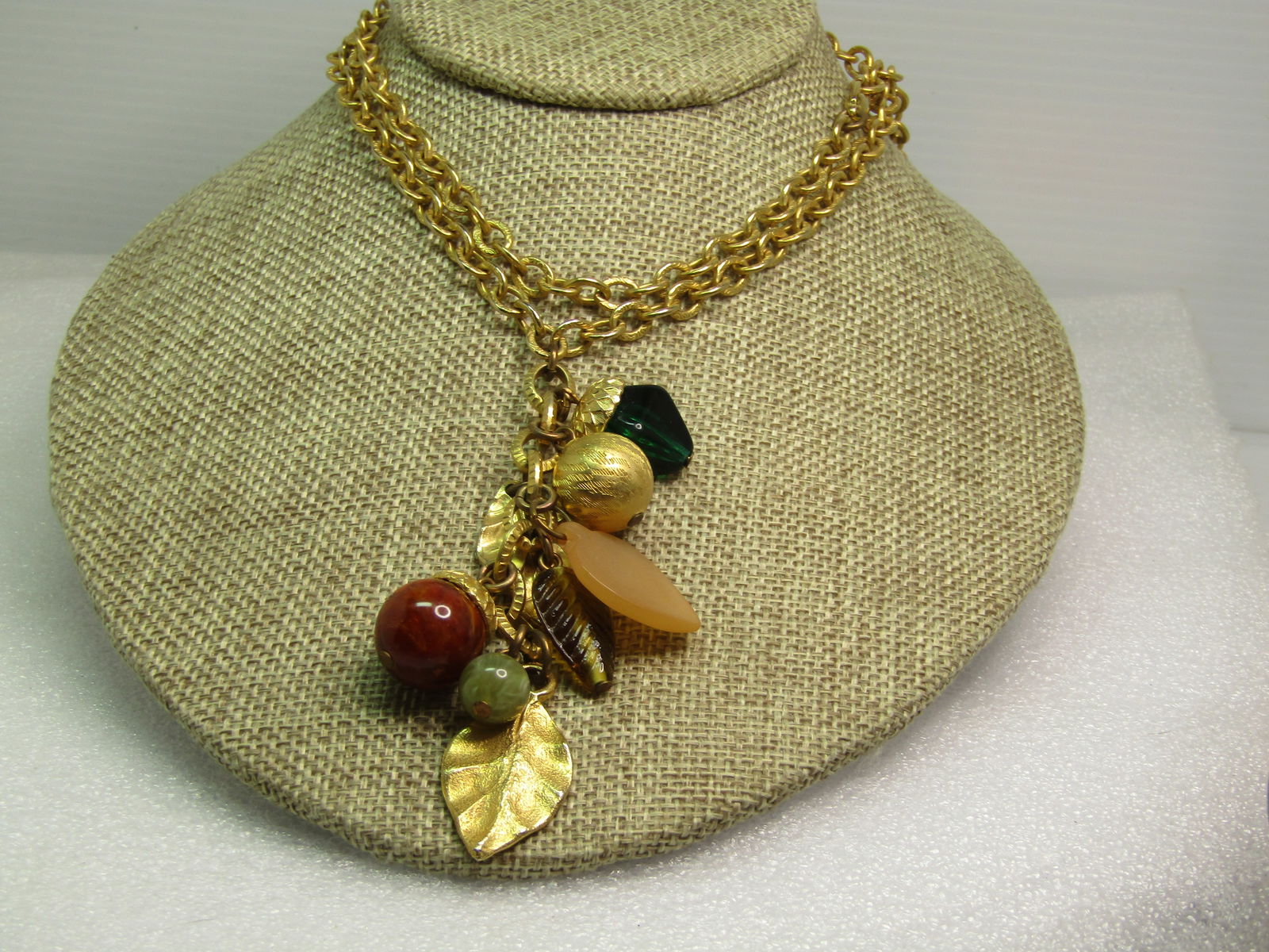 Vintage Leaf & Beaded Dangle Necklace, 32", 1980's - 2