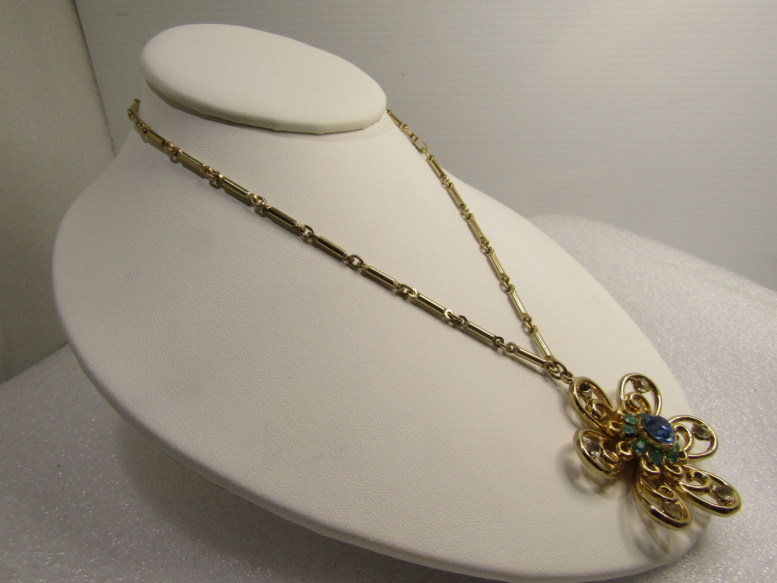 Vintage Blue/Aqua Rhinestone Blossom Necklace, Coro Tag, 15", 1950's-1960's - 3