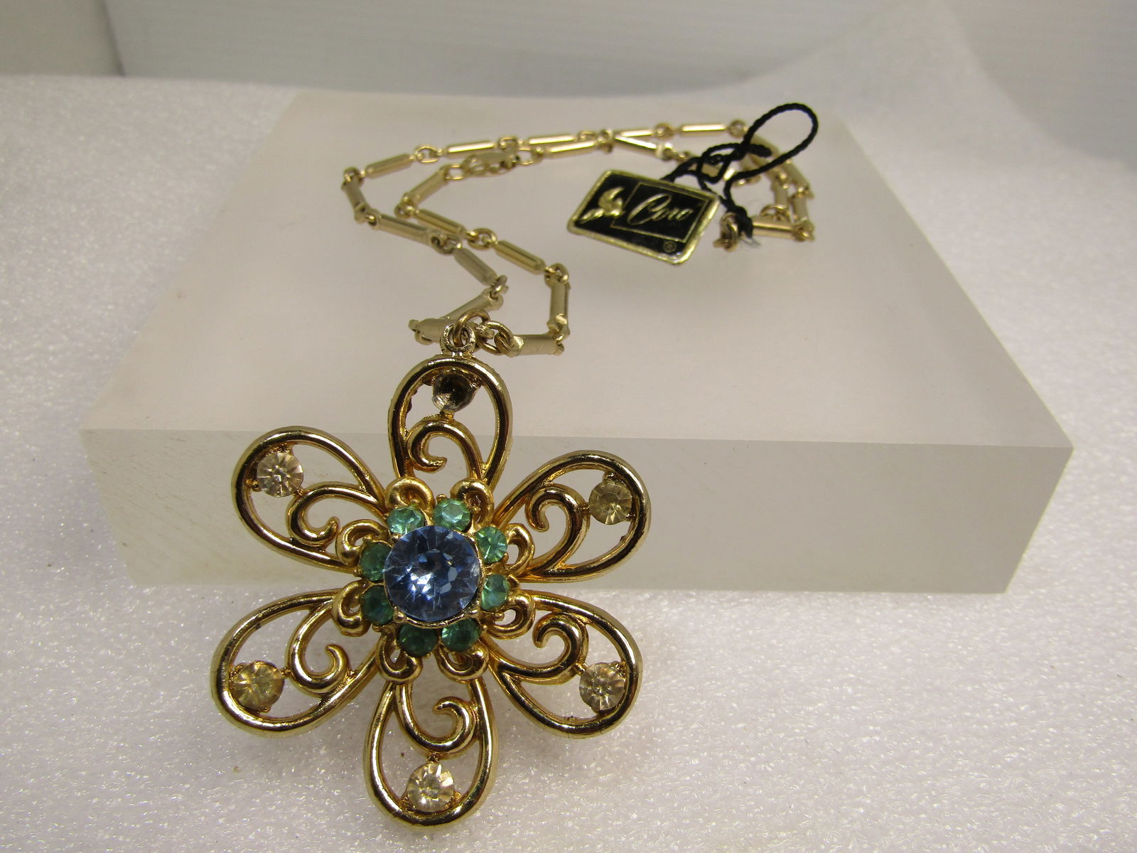 Vintage Blue/Aqua Rhinestone Blossom Necklace, Coro Tag, 15", 1950's-1960's - 8