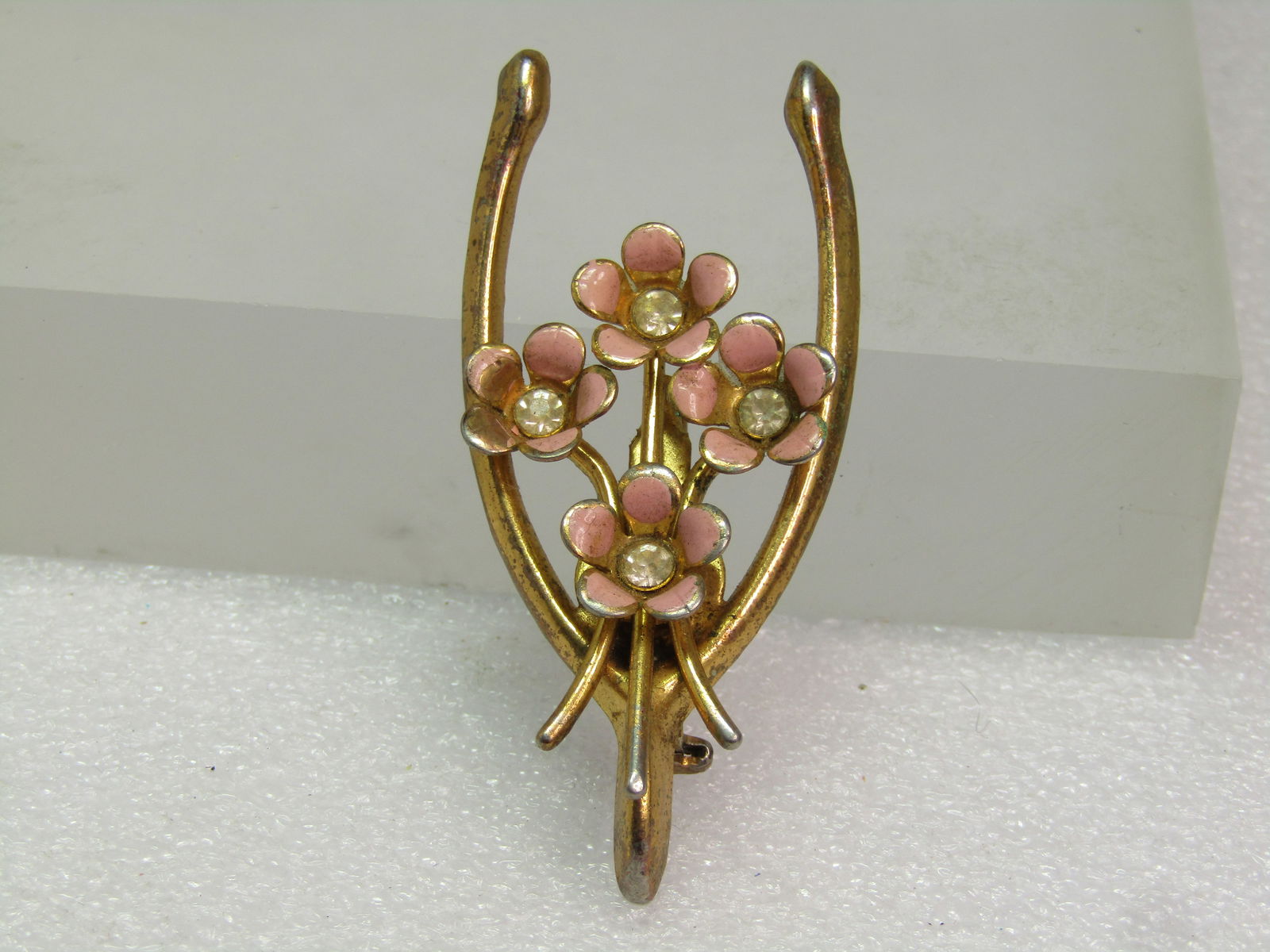 Vintage Pink Enameled Floral Wishbone Brooch, 1950's-1960's - 2