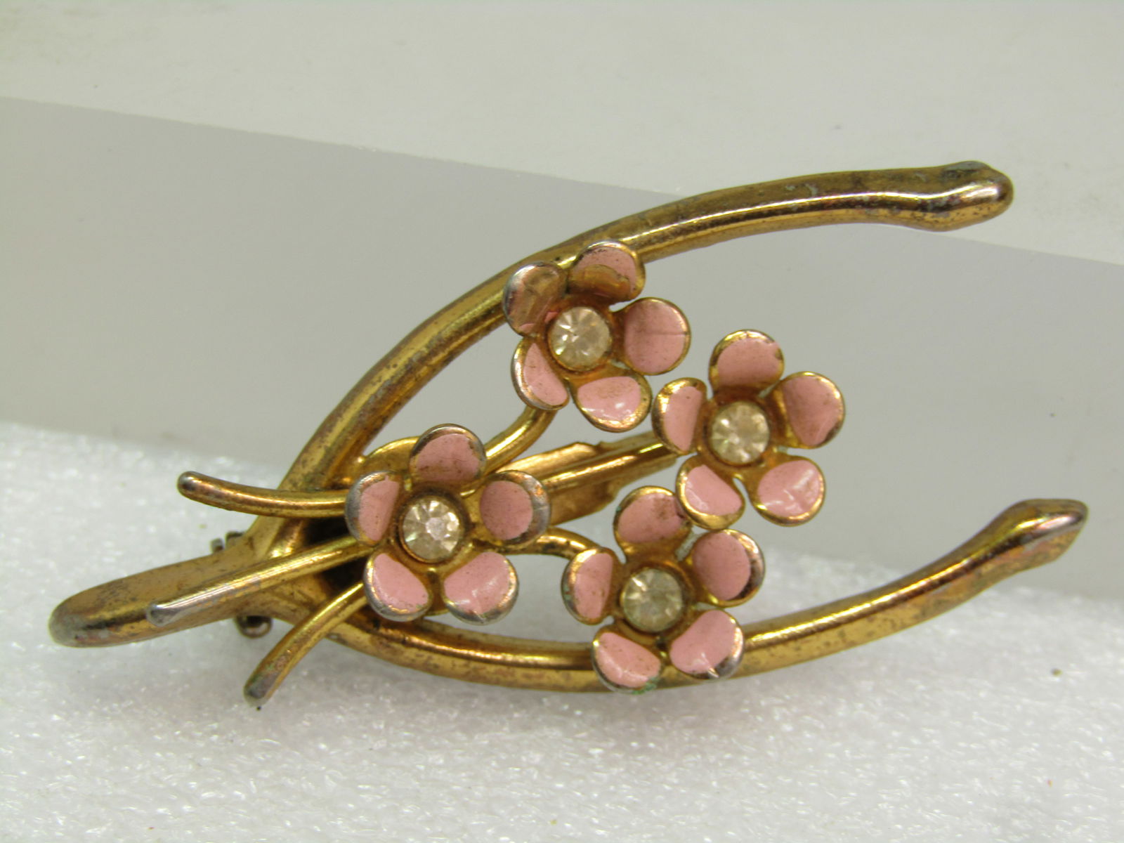 Vintage Pink Enameled Floral Wishbone Brooch, 1950's-1960's - 3
