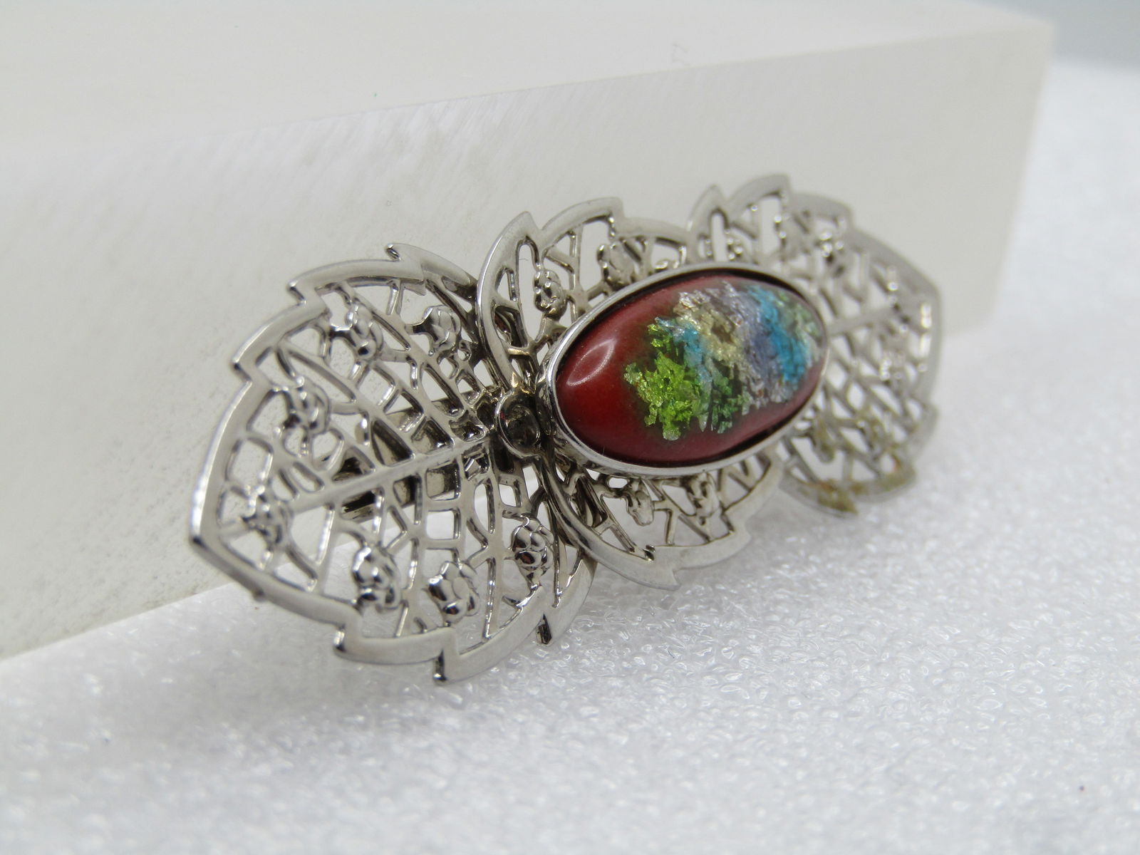 Vintage Filigree Leaf with Glitter Stone Brooch, 1960's-1970's - 2