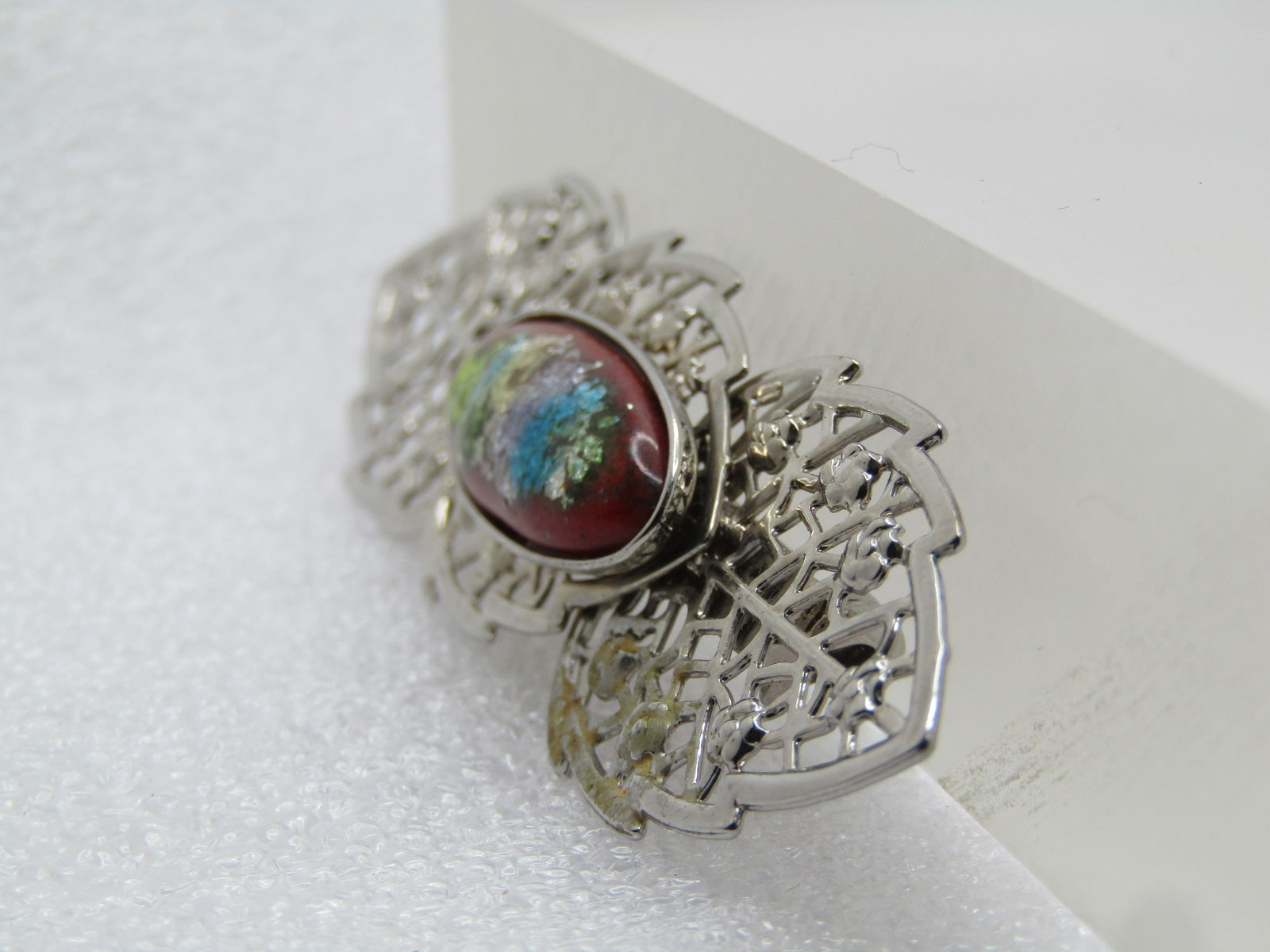 Vintage Filigree Leaf with Glitter Stone Brooch, 1960's-1970's - 3