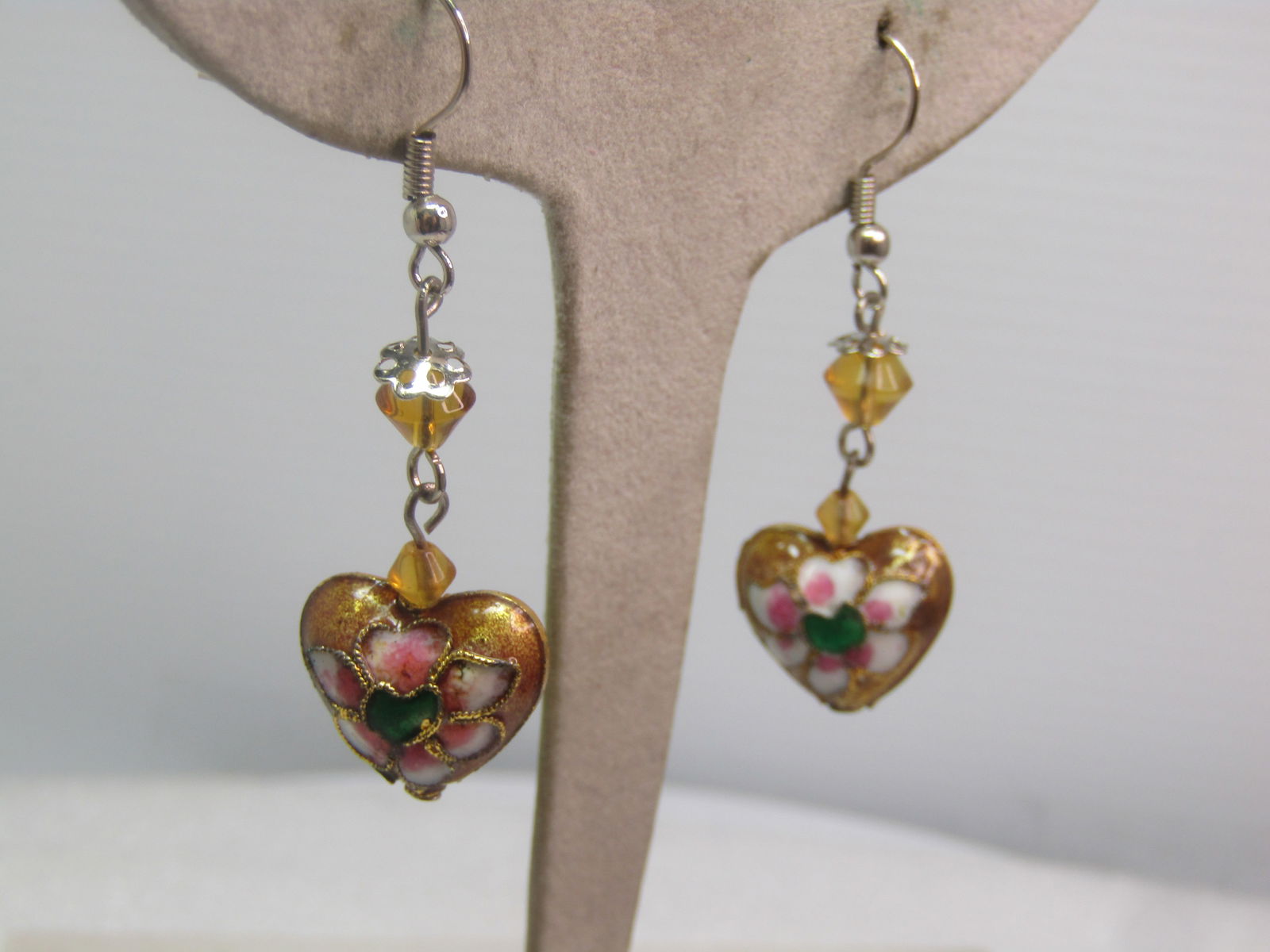 Vintage Champleve Heart Floral Earrings, Pierced, Dangle, 1970's: Vintage Champleve Heart Floral Earrings, Pierced, Dangle, 1970's. Silver tone hook posts with a golden glass bead and another smaller lighter yellow/gold bead set over the champleve heart that has a