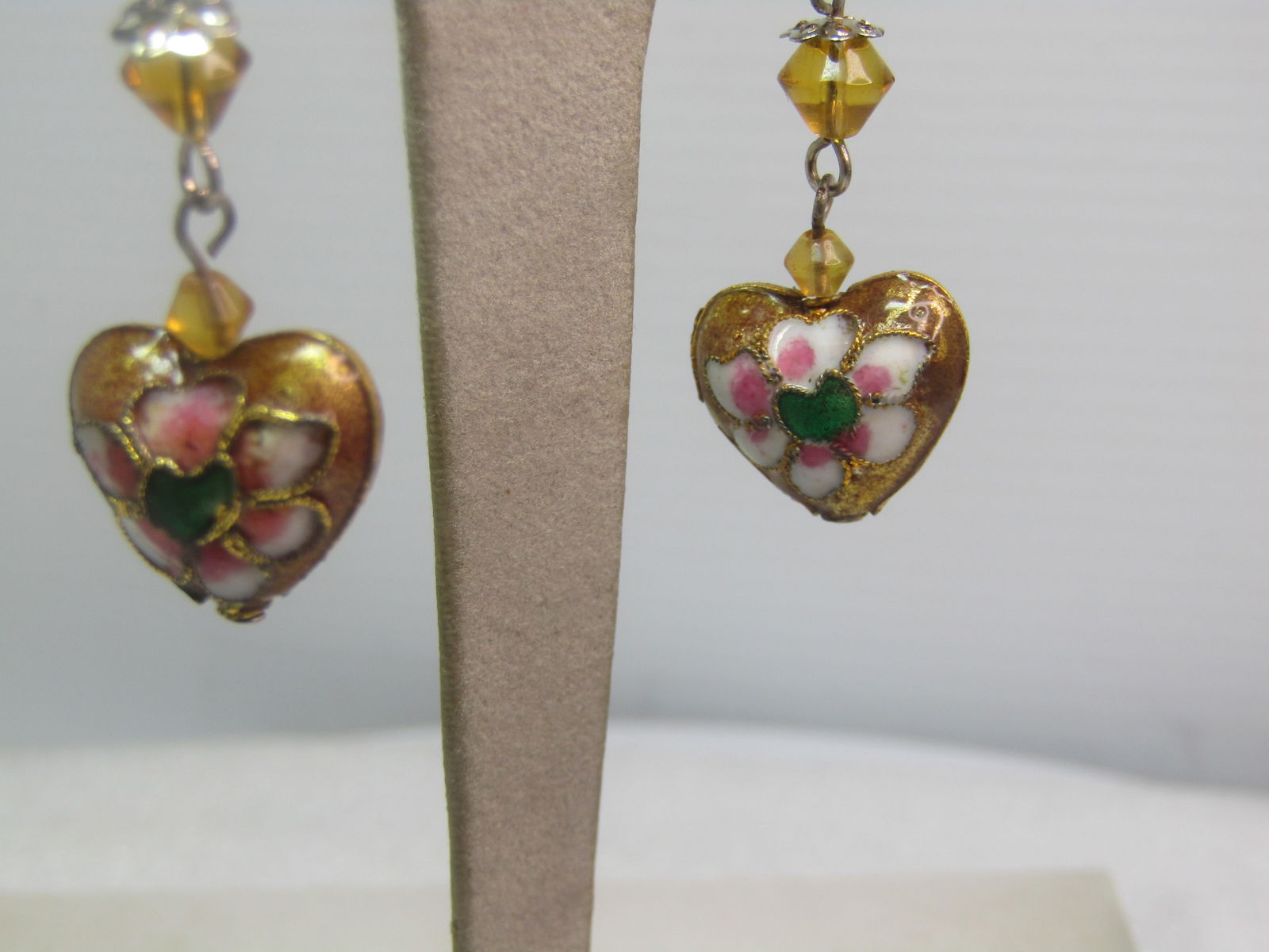 Vintage Champleve Heart Floral Earrings, Pierced, Dangle, 1970's - 2