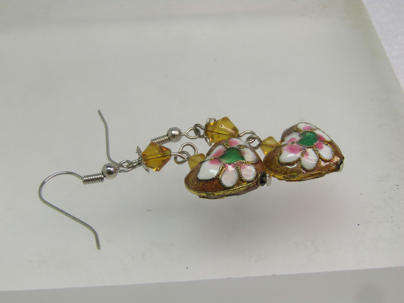 Vintage Champleve Heart Floral Earrings, Pierced, Dangle, 1970's - 3